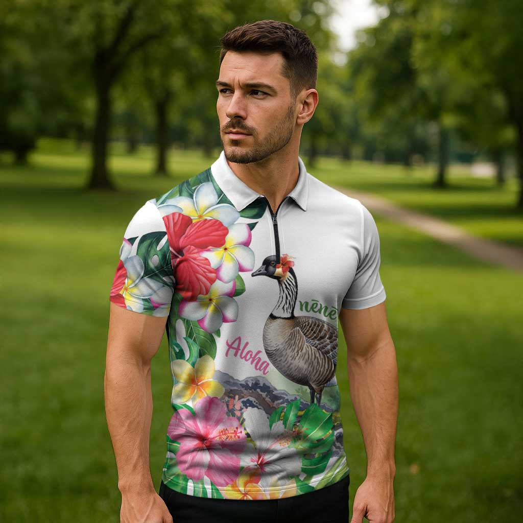 Aloha Hawaii Nene Goose Zipper Polo Shirt Tropical Flowers Watercolor Stylized - Polynesian Pride