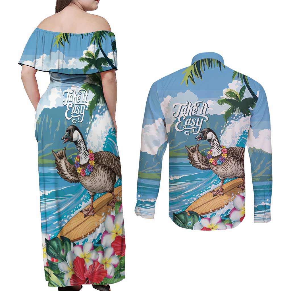 Aloha Hawaii Shaka Nene Goose Couples Matching Off Shoulder Maxi Dress and Long Sleeve Button Shirt Surfing Take It Easy - Polynesian Pride