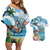 Aloha Hawaii Shaka Nene Goose Couples Matching Off Shoulder Short Dress and Hawaiian Shirt Surfing Take It Easy - Polynesian Pride