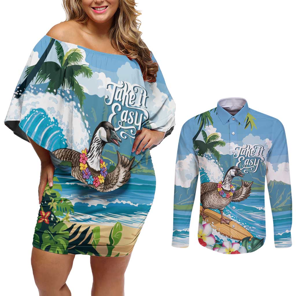 Aloha Hawaii Shaka Nene Goose Couples Matching Off Shoulder Short Dress and Long Sleeve Button Shirt Surfing Take It Easy - Polynesian Pride