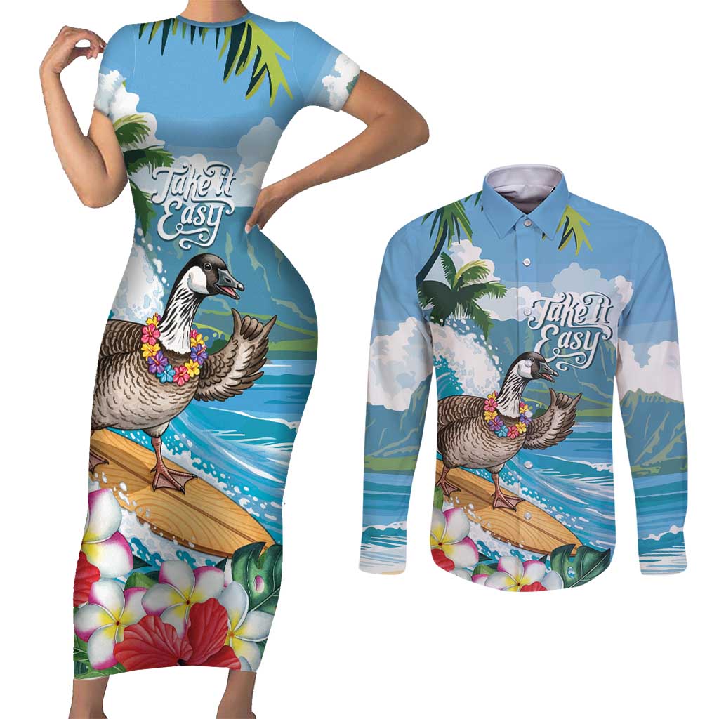 Aloha Hawaii Shaka Nene Goose Couples Matching Short Sleeve Bodycon Dress and Long Sleeve Button Shirt Surfing Take It Easy - Polynesian Pride
