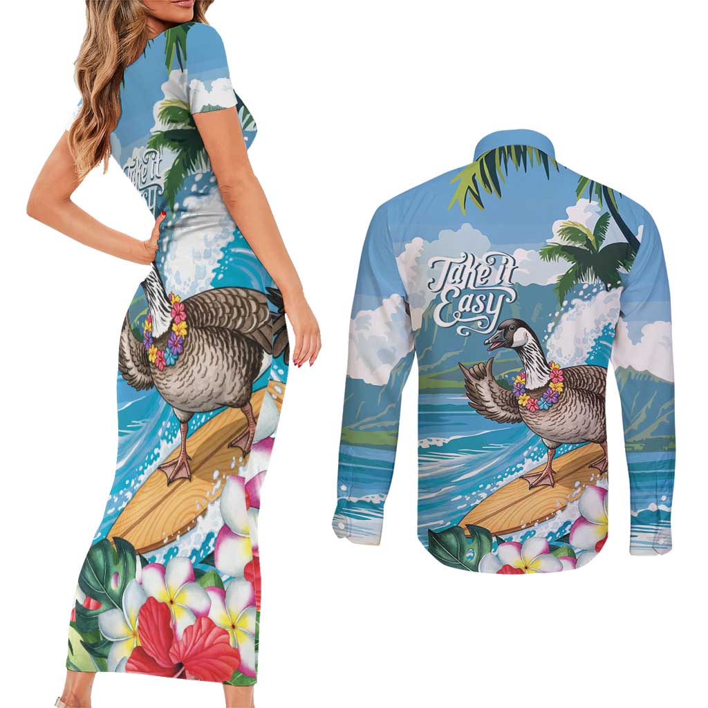 Aloha Hawaii Shaka Nene Goose Couples Matching Short Sleeve Bodycon Dress and Long Sleeve Button Shirt Surfing Take It Easy - Polynesian Pride