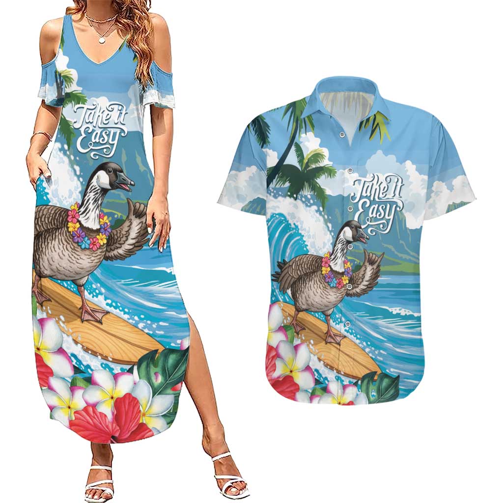 Aloha Hawaii Shaka Nene Goose Couples Matching Summer Maxi Dress and Hawaiian Shirt Surfing Take It Easy - Polynesian Pride