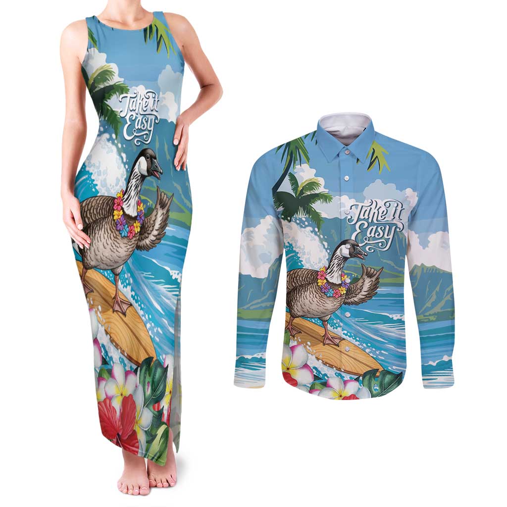 Aloha Hawaii Shaka Nene Goose Couples Matching Tank Maxi Dress and Long Sleeve Button Shirt Surfing Take It Easy - Polynesian Pride