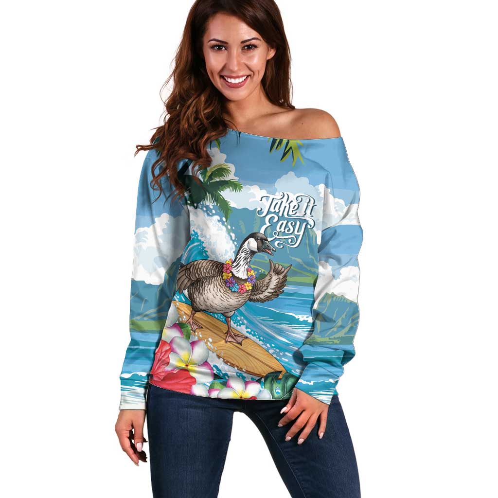 Aloha Hawaii Shaka Nene Goose Off Shoulder Sweater Surfing Take It Easy - Polynesian Pride
