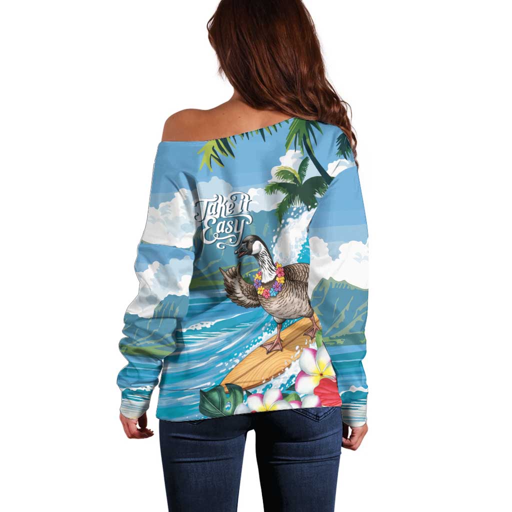Aloha Hawaii Shaka Nene Goose Off Shoulder Sweater Surfing Take It Easy - Polynesian Pride