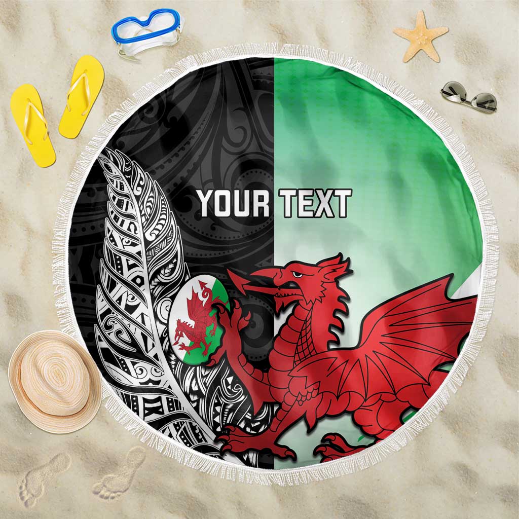 New Zealand and Wales Rugby Custom Beach Blanket Aotearoa All Black Combine Welsh Dragon - Polynesian Pride