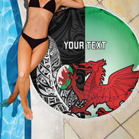 New Zealand and Wales Rugby Custom Beach Blanket Aotearoa All Black Combine Welsh Dragon - Polynesian Pride