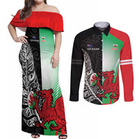 New Zealand and Wales Rugby Custom Couples Matching Off Shoulder Maxi Dress and Long Sleeve Button Shirt Aotearoa All Black Combine Welsh Dragon - Polynesian Pride
