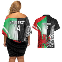 New Zealand and Wales Rugby Custom Couples Matching Off Shoulder Short Dress and Hawaiian Shirt Aotearoa All Black Combine Welsh Dragon - Polynesian Pride