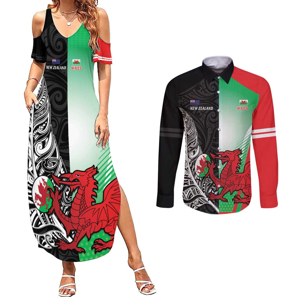 New Zealand and Wales Rugby Custom Couples Matching Summer Maxi Dress and Long Sleeve Button Shirt Aotearoa All Black Combine Welsh Dragon - Polynesian Pride