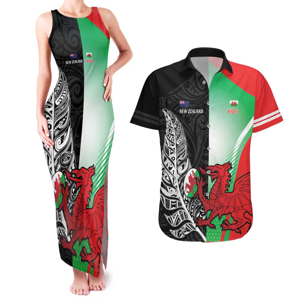 New Zealand and Wales Rugby Custom Couples Matching Tank Maxi Dress and Hawaiian Shirt Aotearoa All Black Combine Welsh Dragon - Polynesian Pride