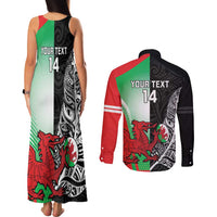 New Zealand and Wales Rugby Custom Couples Matching Tank Maxi Dress and Long Sleeve Button Shirt Aotearoa All Black Combine Welsh Dragon - Polynesian Pride