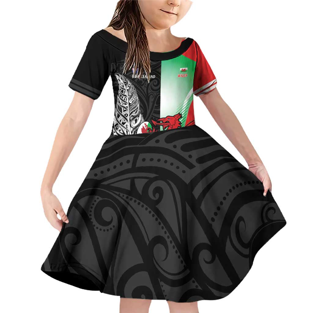 New Zealand and Wales Rugby Custom Family Matching Off Shoulder Short Dress and Hawaiian Shirt Aotearoa All Black Combine Welsh Dragon - Polynesian Pride