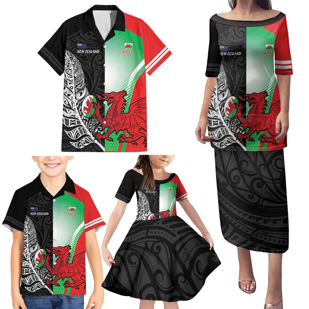 New Zealand and Wales Rugby Custom Family Matching Puletasi and Hawaiian Shirt Aotearoa All Black Combine Welsh Dragon - Polynesian Pride