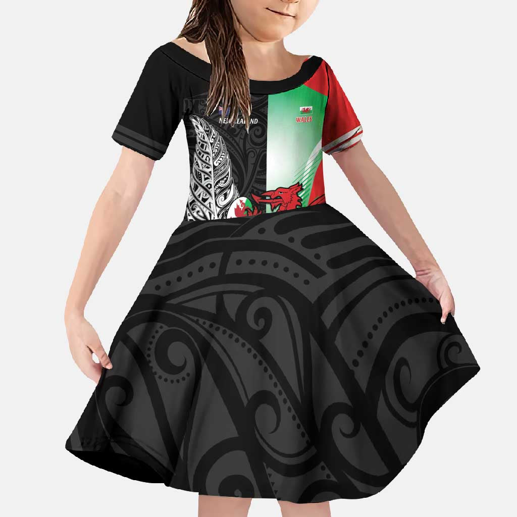 New Zealand and Wales Rugby Custom Family Matching Short Sleeve Bodycon Dress and Hawaiian Shirt Aotearoa All Black Combine Welsh Dragon - Polynesian Pride