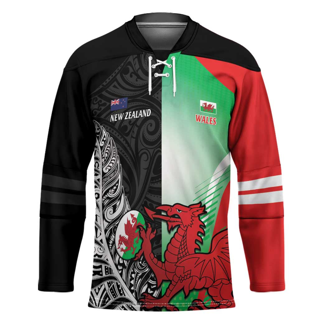 New Zealand and Wales Rugby Custom Hockey Jersey Aotearoa All Black Combine Welsh Dragon - Polynesian Pride