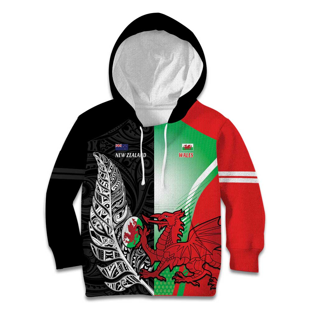 New Zealand and Wales Rugby Custom Kid Hoodie Aotearoa All Black Combine Welsh Dragon - Polynesian Pride