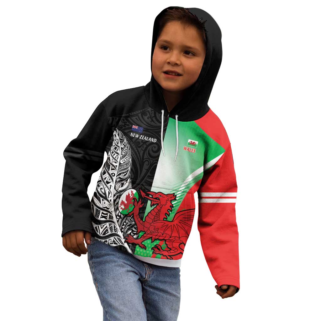 New Zealand and Wales Rugby Custom Kid Hoodie Aotearoa All Black Combine Welsh Dragon - Polynesian Pride