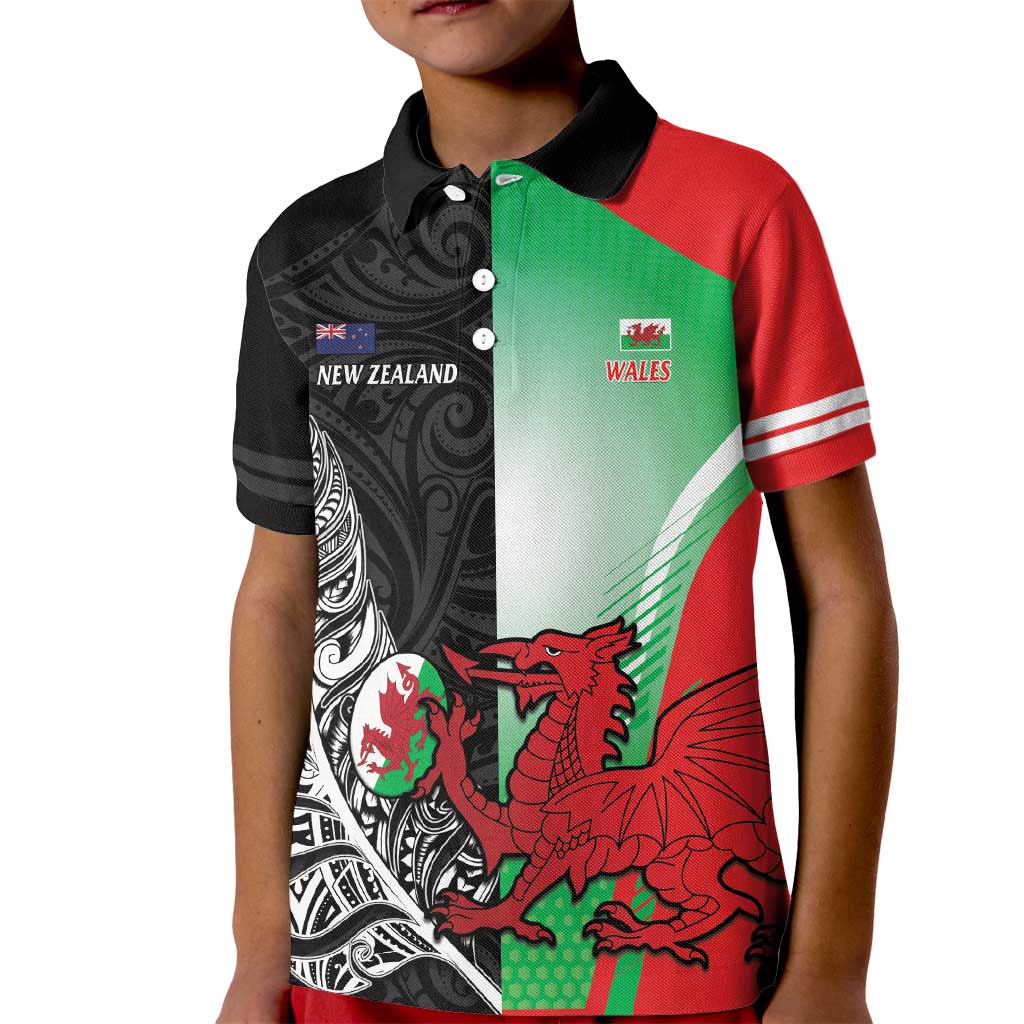 New Zealand and Wales Rugby Custom Kid Polo Shirt Aotearoa All Black Combine Welsh Dragon - Polynesian Pride
