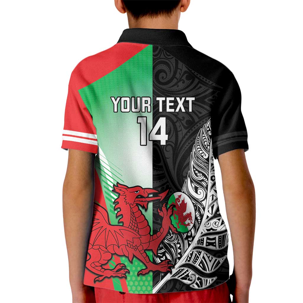 New Zealand and Wales Rugby Custom Kid Polo Shirt Aotearoa All Black Combine Welsh Dragon - Polynesian Pride