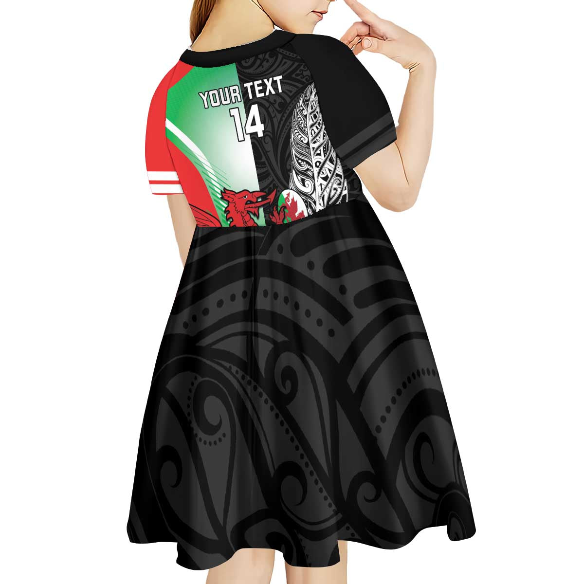New Zealand and Wales Rugby Custom Kid Short Sleeve Dress Aotearoa All Black Combine Welsh Dragon - Polynesian Pride