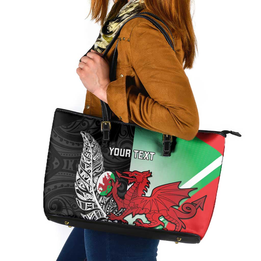 New Zealand and Wales Rugby Custom Leather Tote Bag Aotearoa All Black Combine Welsh Dragon - Polynesian Pride
