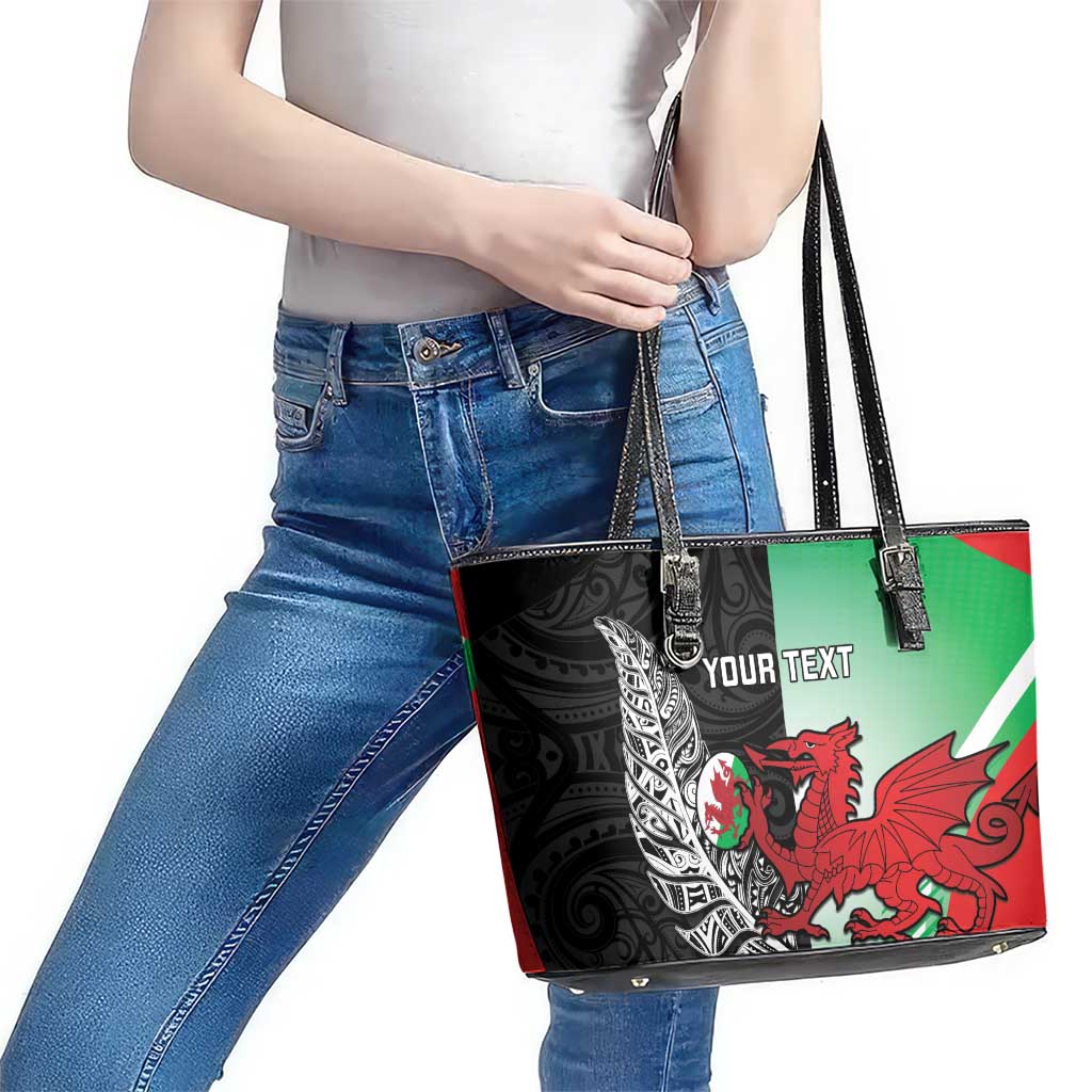 New Zealand and Wales Rugby Custom Leather Tote Bag Aotearoa All Black Combine Welsh Dragon - Polynesian Pride