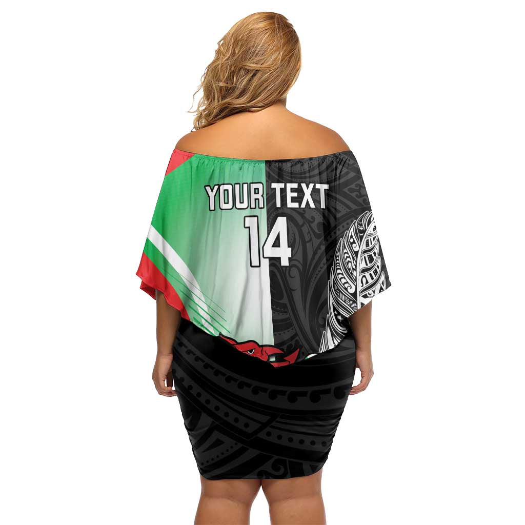 New Zealand and Wales Rugby Custom Off Shoulder Short Dress Aotearoa All Black Combine Welsh Dragon - Polynesian Pride