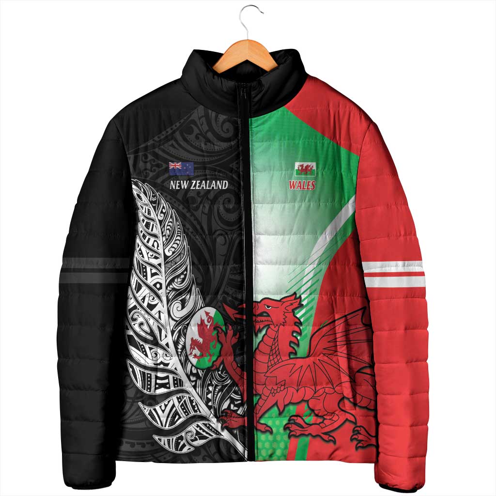 New Zealand and Wales Rugby Custom Padded Jacket Aotearoa All Black Combine Welsh Dragon - Polynesian Pride