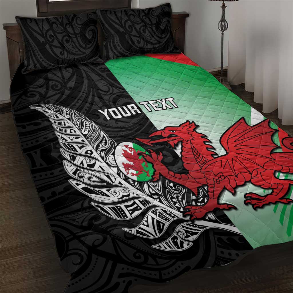 New Zealand and Wales Rugby Custom Quilt Bed Set Aotearoa All Black Combine Welsh Dragon - Polynesian Pride