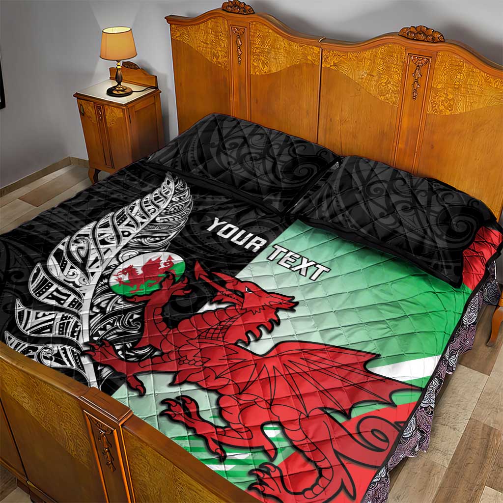 New Zealand and Wales Rugby Custom Quilt Bed Set Aotearoa All Black Combine Welsh Dragon - Polynesian Pride