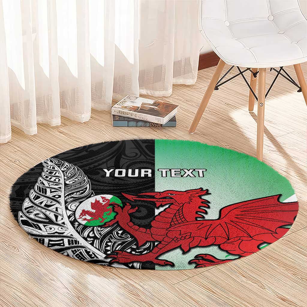 New Zealand and Wales Rugby Custom Round Carpet Aotearoa All Black Combine Welsh Dragon - Polynesian Pride