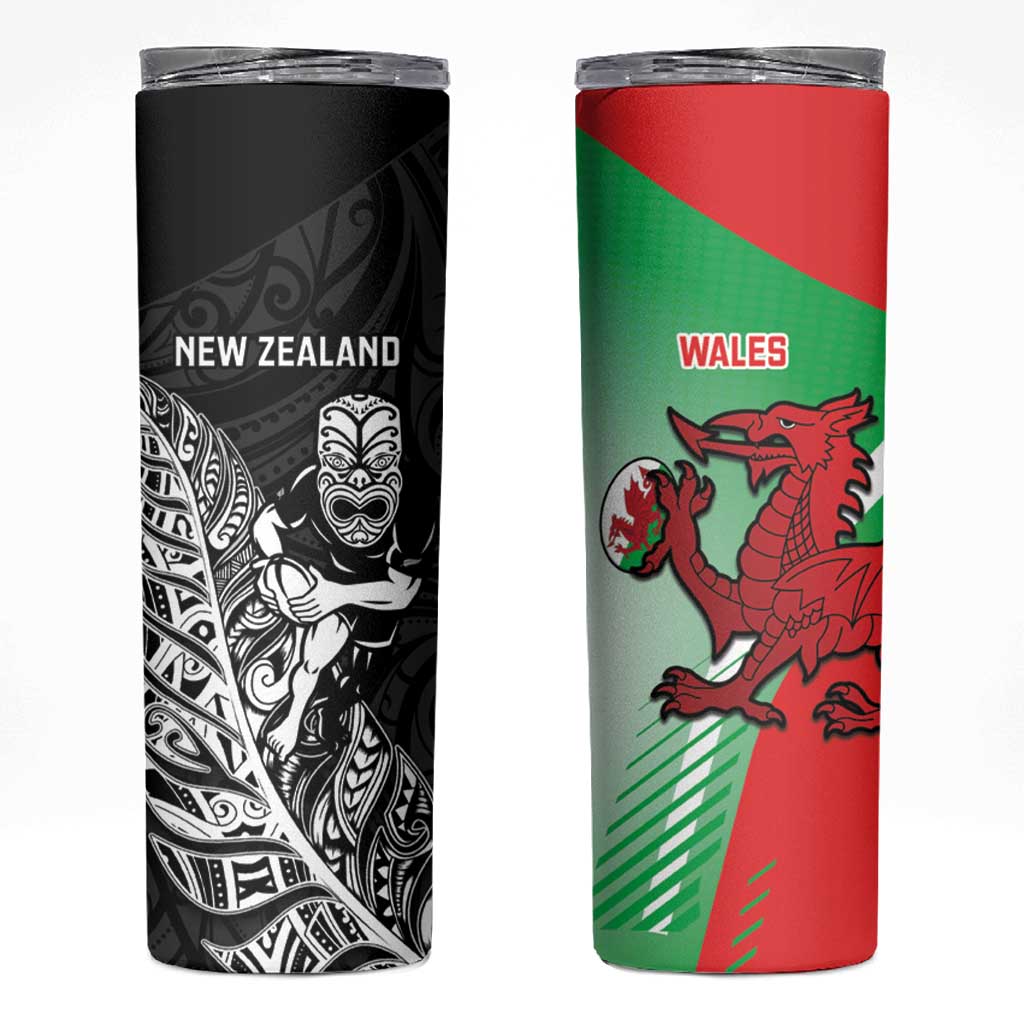 New Zealand and Wales Rugby Custom Skinny Tumbler Aotearoa All Black Combine Welsh Dragon - Polynesian Pride