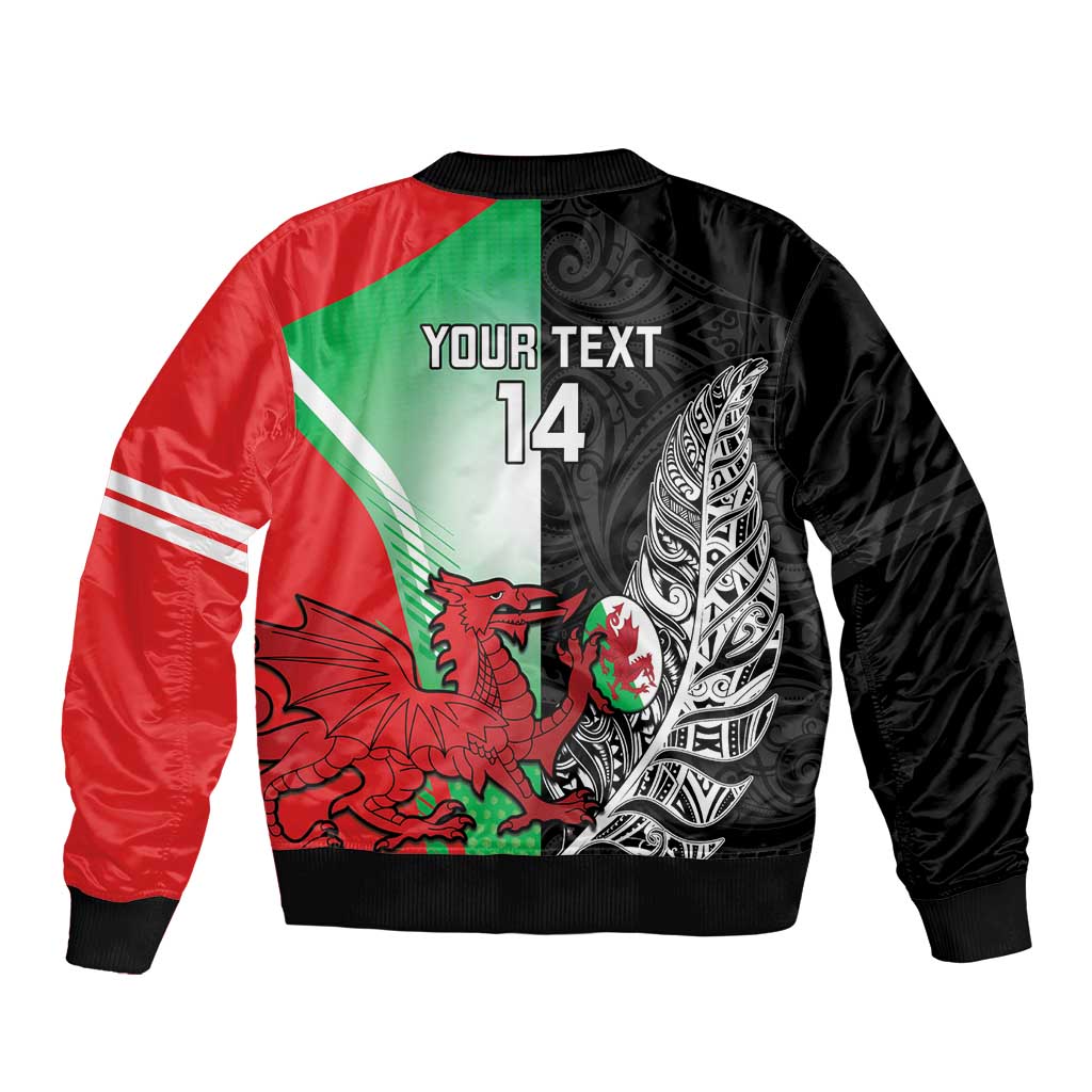 New Zealand and Wales Rugby Custom Sleeve Zip Bomber Jacket Aotearoa All Black Combine Welsh Dragon - Polynesian Pride