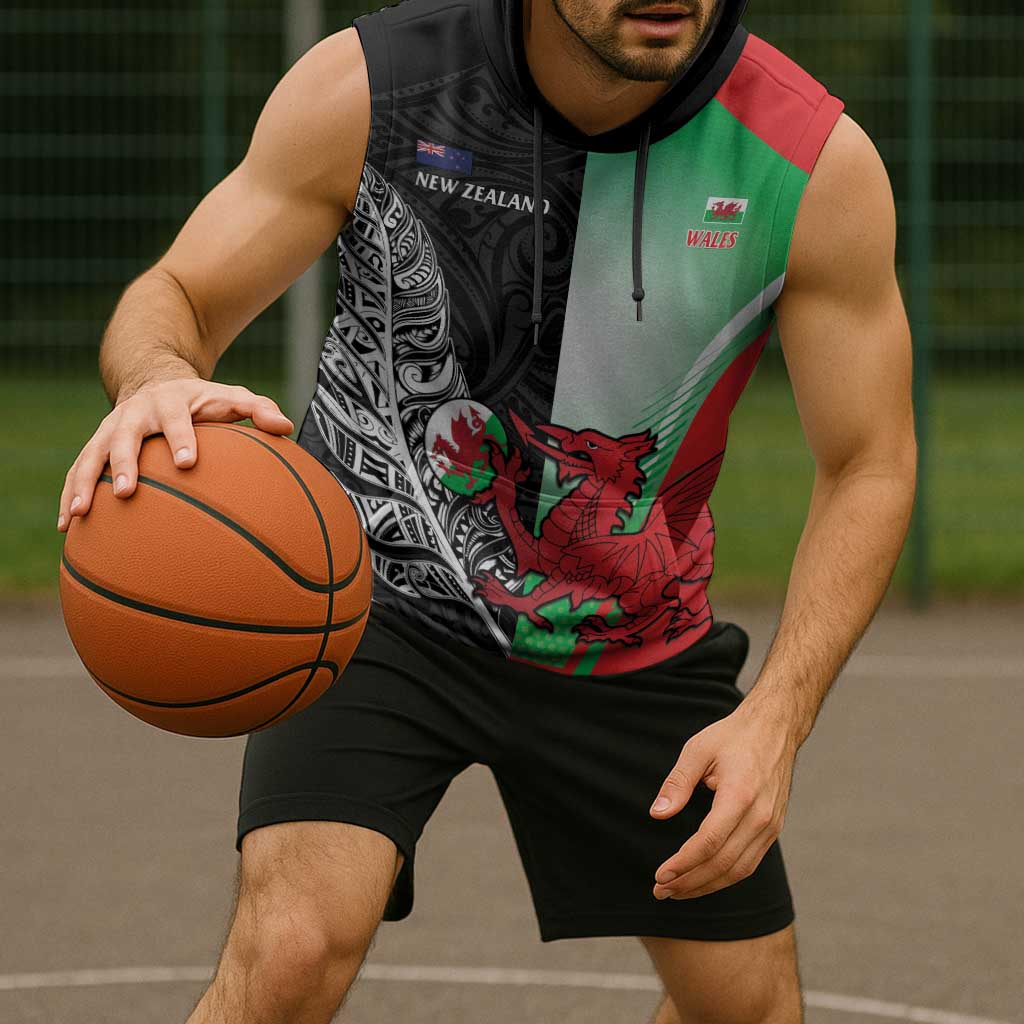 New Zealand and Wales Rugby Custom Sleeveless Hoodie Aotearoa All Black Combine Welsh Dragon - Polynesian Pride