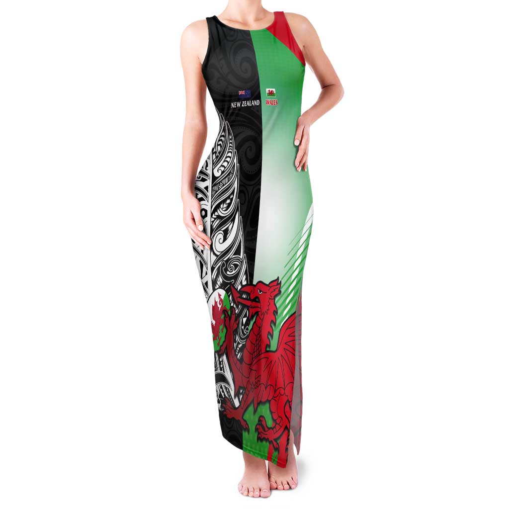 New Zealand and Wales Rugby Custom Tank Maxi Dress Aotearoa All Black Combine Welsh Dragon - Polynesian Pride