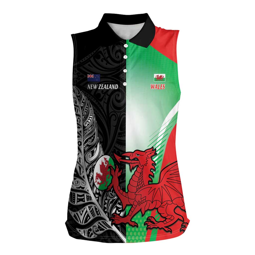 New Zealand and Wales Rugby Custom Women Sleeveless Polo Shirt Aotearoa All Black Combine Welsh Dragon - Polynesian Pride