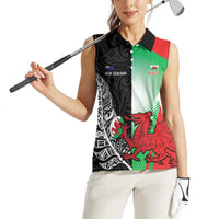 New Zealand and Wales Rugby Custom Women Sleeveless Polo Shirt Aotearoa All Black Combine Welsh Dragon - Polynesian Pride