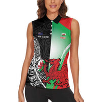New Zealand and Wales Rugby Custom Women Sleeveless Polo Shirt Aotearoa All Black Combine Welsh Dragon - Polynesian Pride