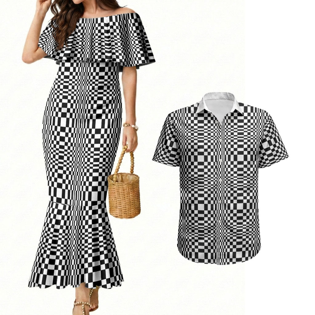 Black White Filipino Binakol Motifs Couples Matching Mermaid Dress and Hawaiian Shirt Mabuhay Philippines Festival Kusikus Pattern LT14 Black - Polynesian Pride