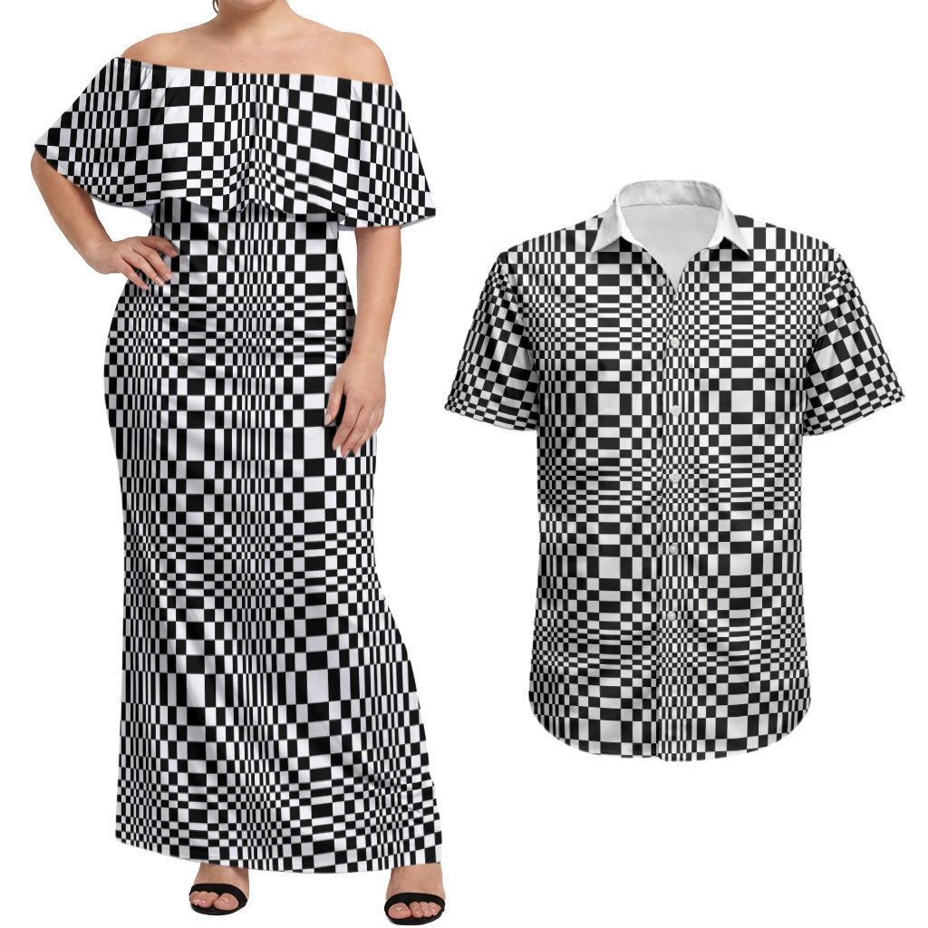 Black White Filipino Binakol Motifs Couples Matching Off Shoulder Maxi Dress and Hawaiian Shirt Mabuhay Philippines Festival Kusikus Pattern LT14 Black - Polynesian Pride