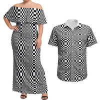 Black White Filipino Binakol Motifs Couples Matching Off Shoulder Maxi Dress and Hawaiian Shirt Mabuhay Philippines Festival Kusikus Pattern LT14 Black - Polynesian Pride