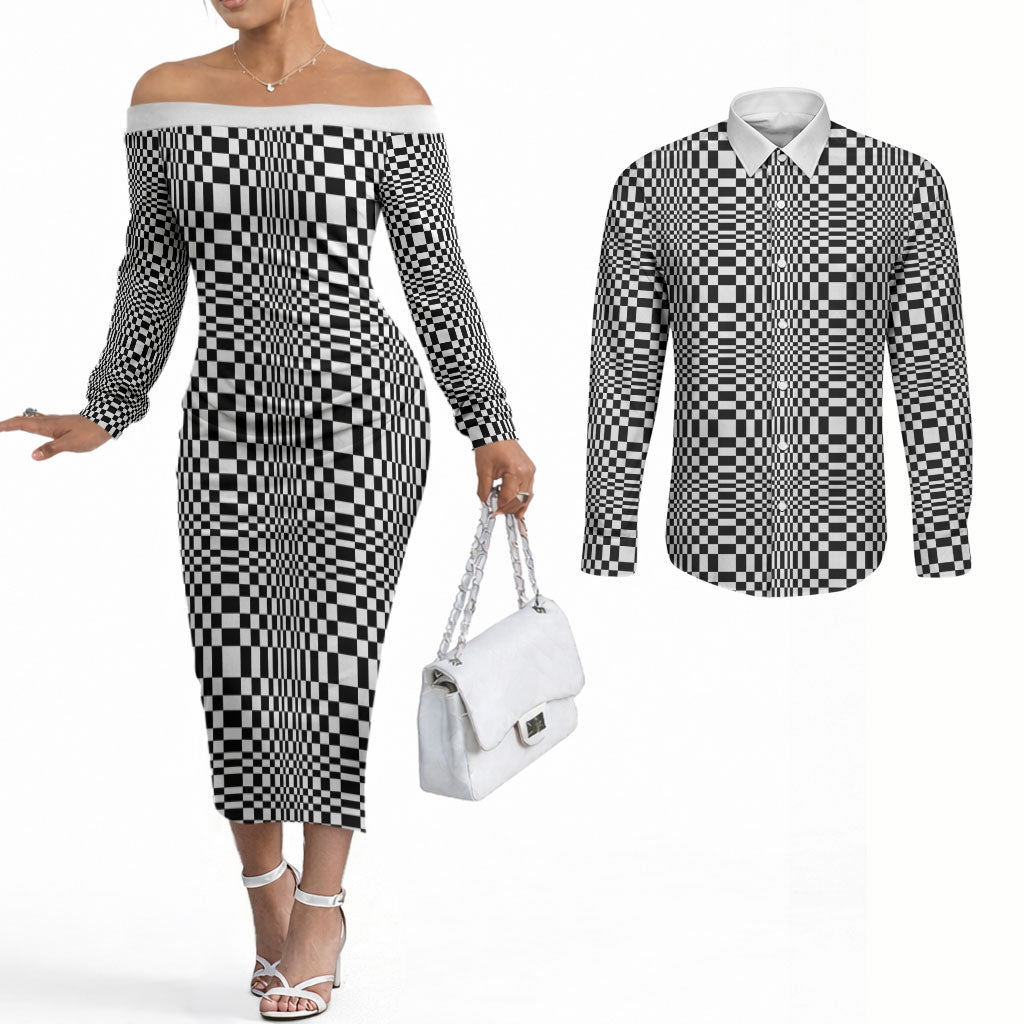 Black White Filipino Binakol Motifs Couples Matching Off The Shoulder Long Sleeve Dress and Long Sleeve Button Shirt Mabuhay Philippines Festival Kusikus Pattern LT14 Black - Polynesian Pride