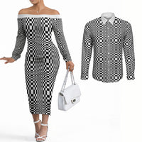 Black White Filipino Binakol Motifs Couples Matching Off The Shoulder Long Sleeve Dress and Long Sleeve Button Shirt Mabuhay Philippines Festival Kusikus Pattern LT14 Black - Polynesian Pride