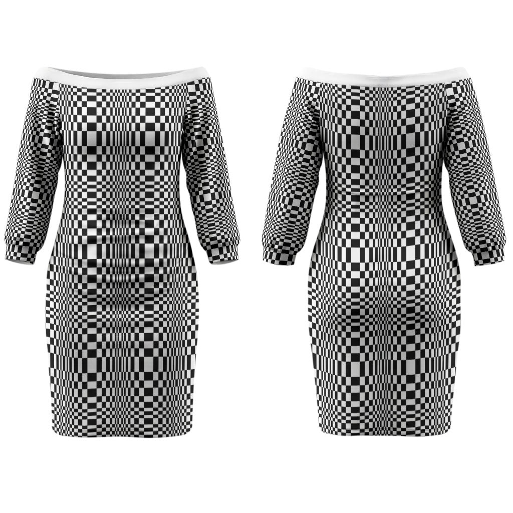 Black White Filipino Binakol Motifs Couples Matching Off The Shoulder Long Sleeve Dress and Long Sleeve Button Shirt Mabuhay Philippines Festival Kusikus Pattern LT14 - Polynesian Pride