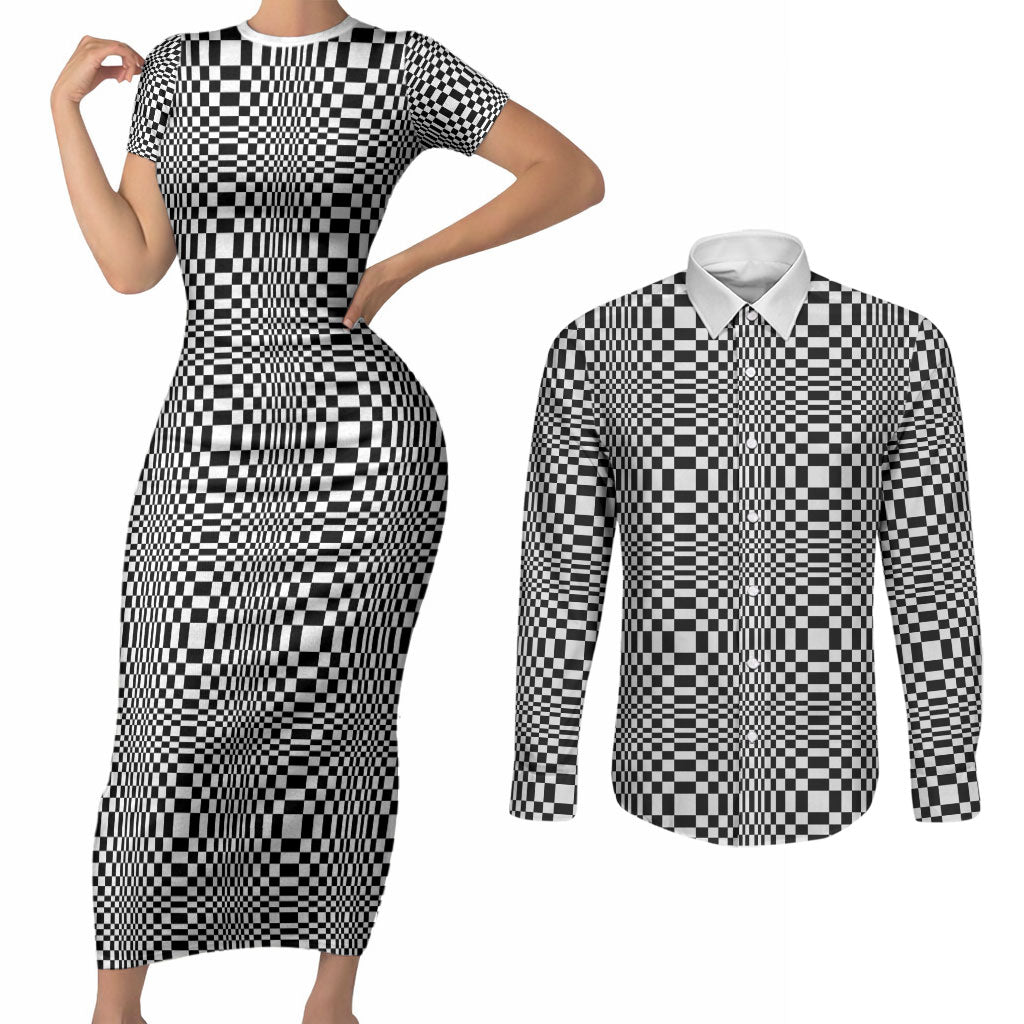 Black White Filipino Binakol Motifs Couples Matching Short Sleeve Bodycon Dress and Long Sleeve Button Shirt Mabuhay Philippines Festival Kusikus Pattern