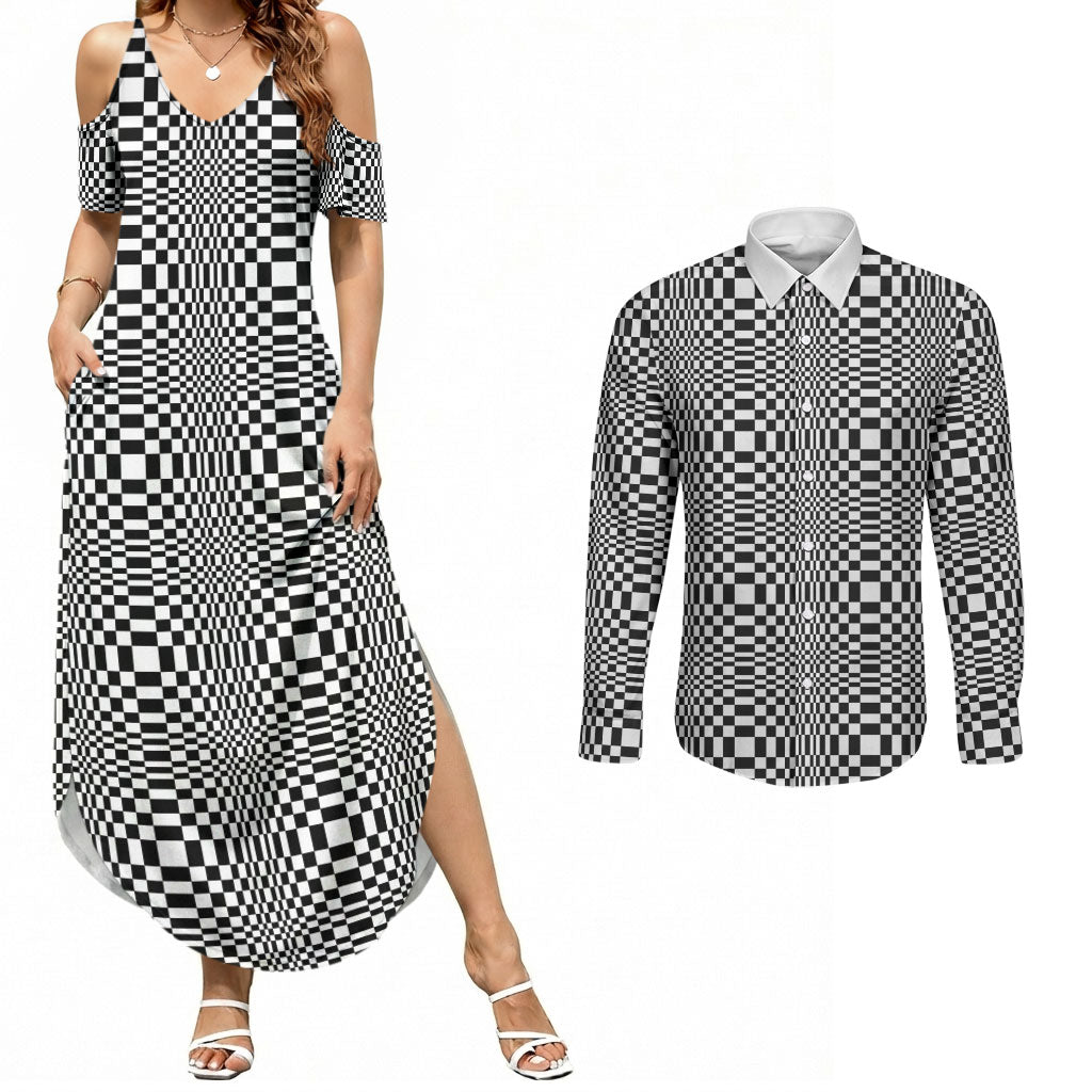 Black White Filipino Binakol Motifs Couples Matching Summer Maxi Dress and Long Sleeve Button Shirt Mabuhay Philippines Festival Kusikus Pattern LT14 Black - Polynesian Pride