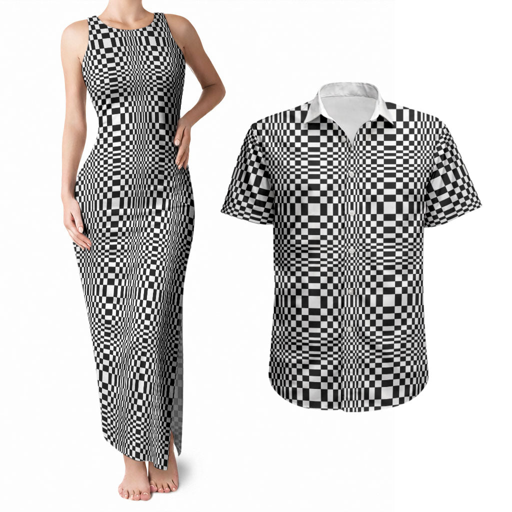 Black White Filipino Binakol Motifs Couples Matching Tank Maxi Dress and Hawaiian Shirt Mabuhay Philippines Festival Kusikus Pattern LT14 Black - Polynesian Pride