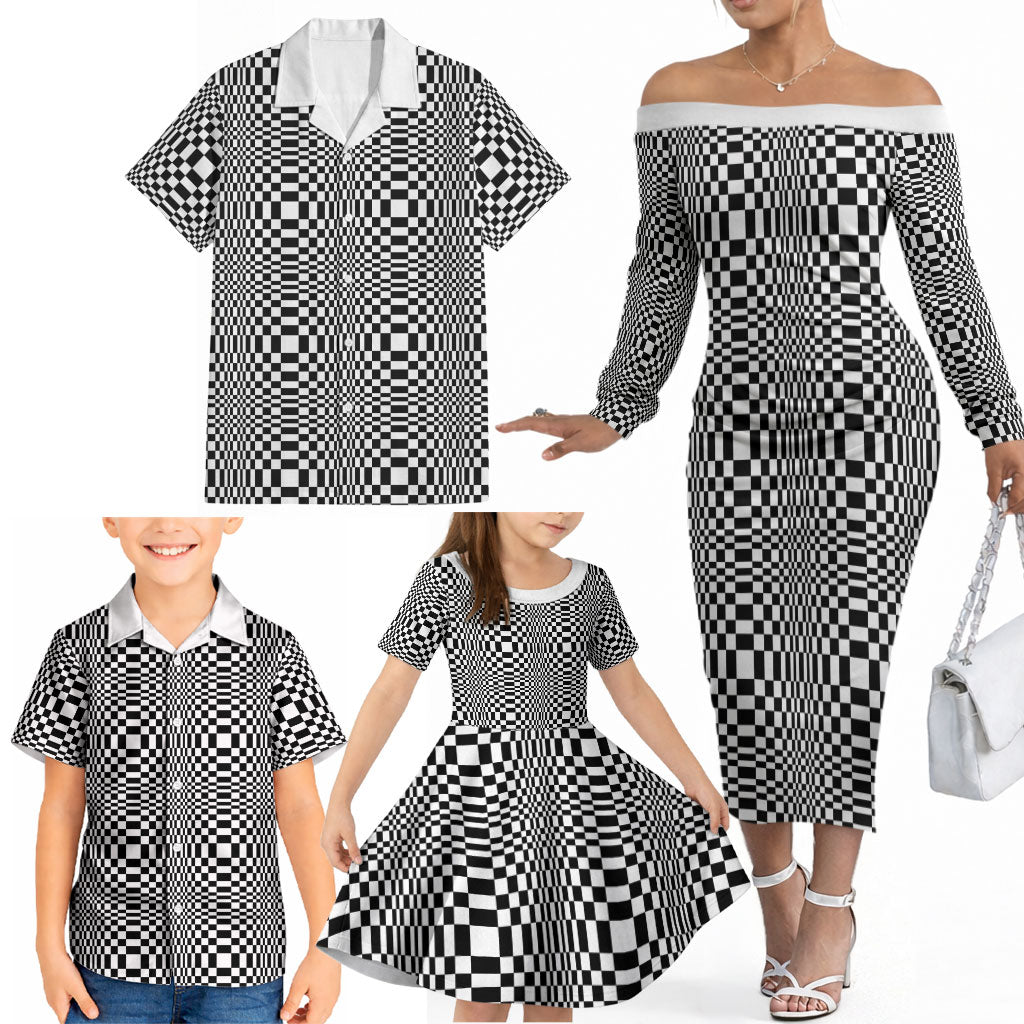 Black White Filipino Binakol Motifs Family Matching Off The Shoulder Long Sleeve Dress and Hawaiian Shirt Mabuhay Philippines Festival Kusikus Pattern LT14 - Polynesian Pride